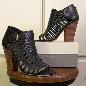 HINGE Black Leather Open Toe Strappy Huarache Style Heel Sandal Nordstrom 9.5